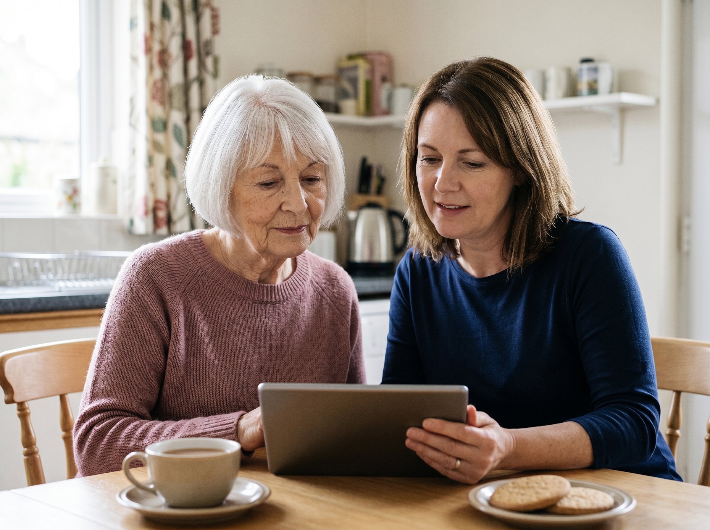 An older person and their adult daughter looking at a tablet together at a kitchen table, choosing calmly and unhurried.