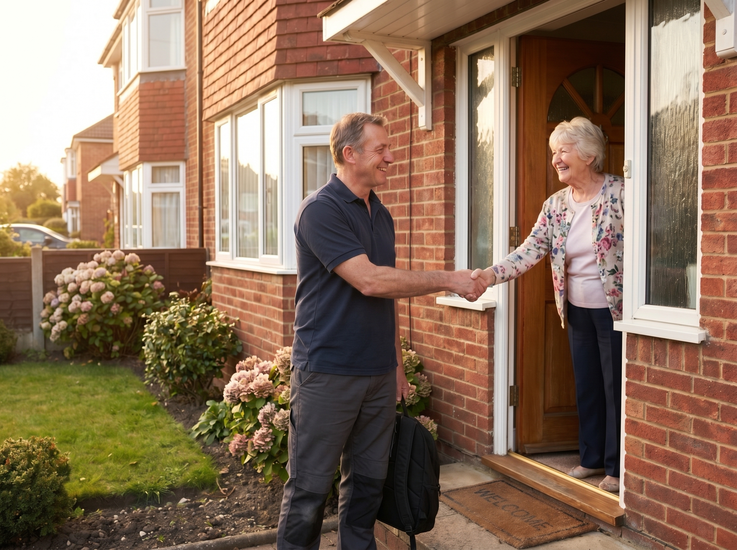 A friendly local surveyor being warmly welcomed at the front door of a home.