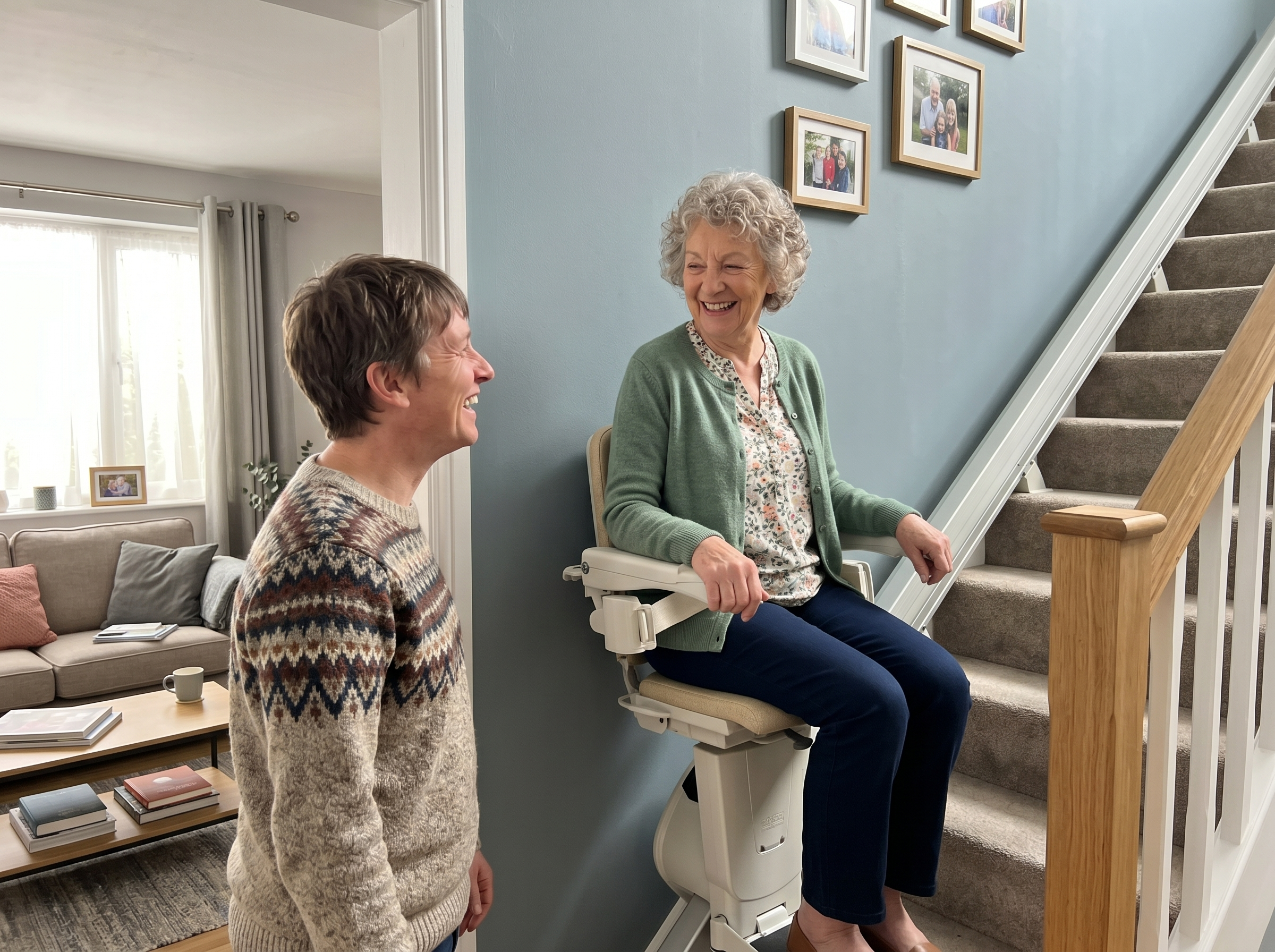 A relaxed older couple at home on their landing beside a discreet stairlift, staying in the home they love.
